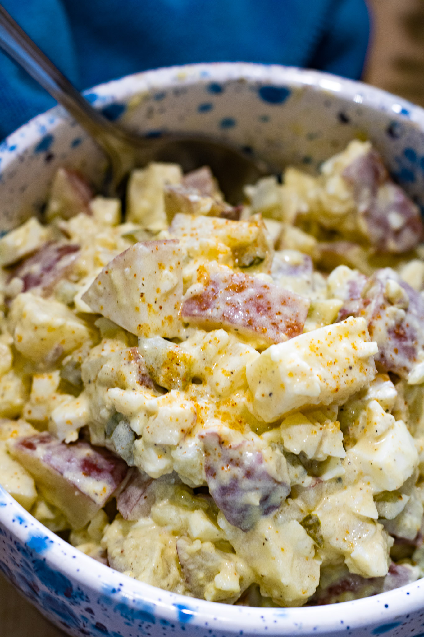 Close up of potato salad in bowl with spoon.