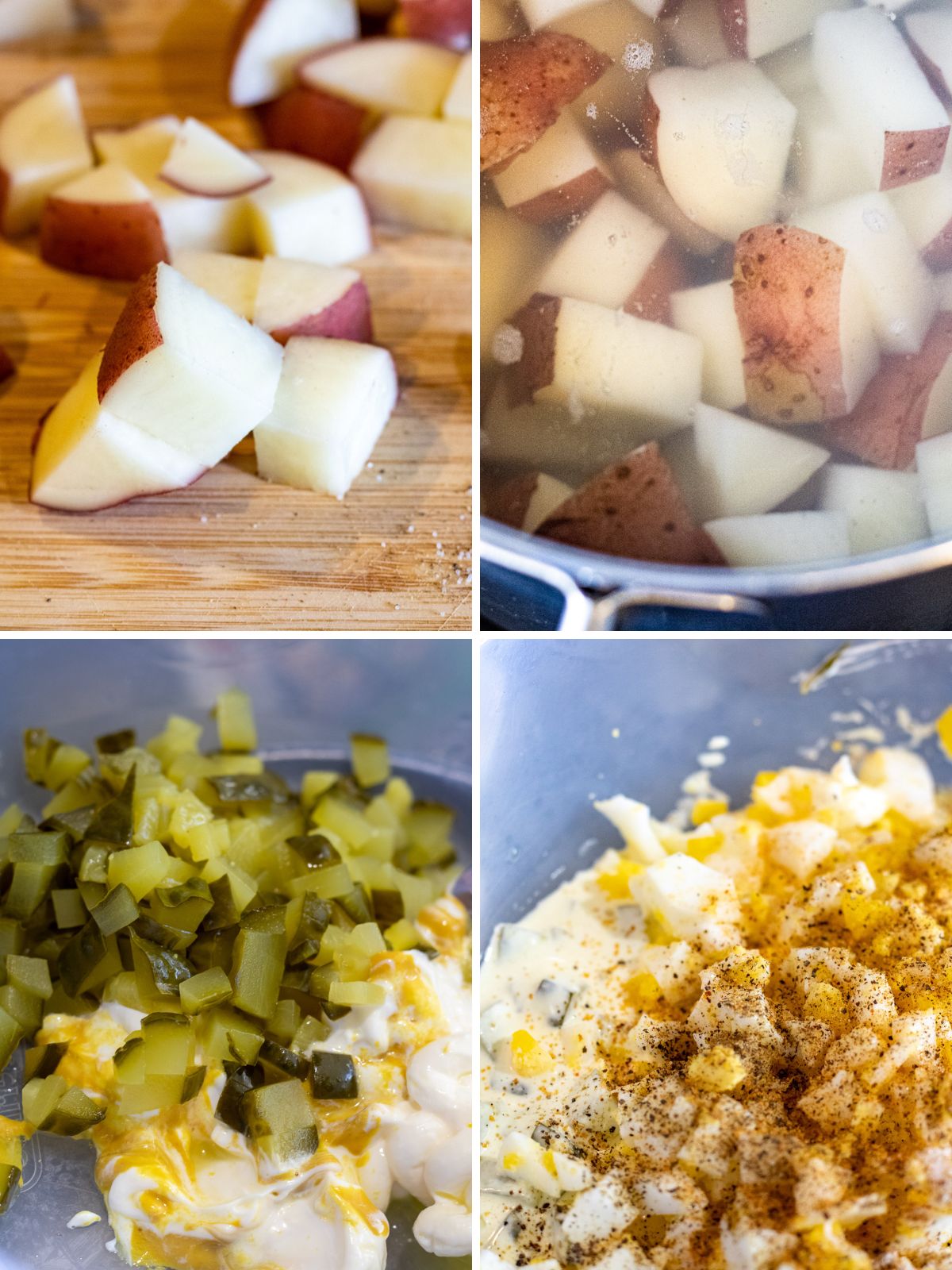 4 image collage of prepping potato salad: dice and boil potatoes and mixing up dressing with boiled eggs,