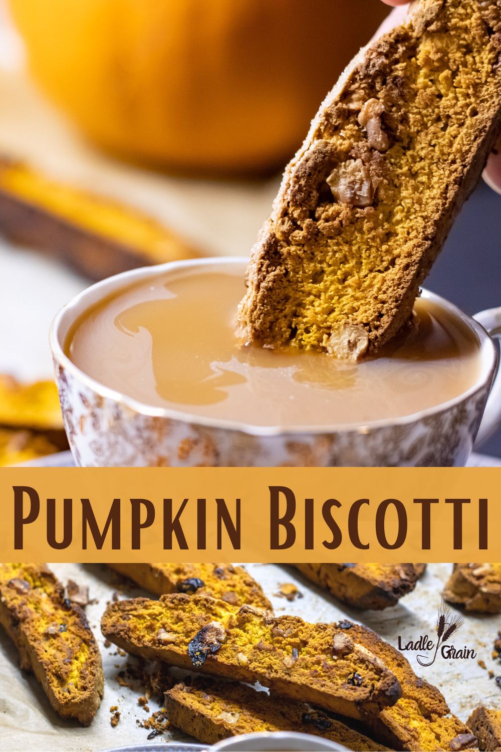 Pumpkin biscotti dunked into a cup of tea with a few on parchment below.