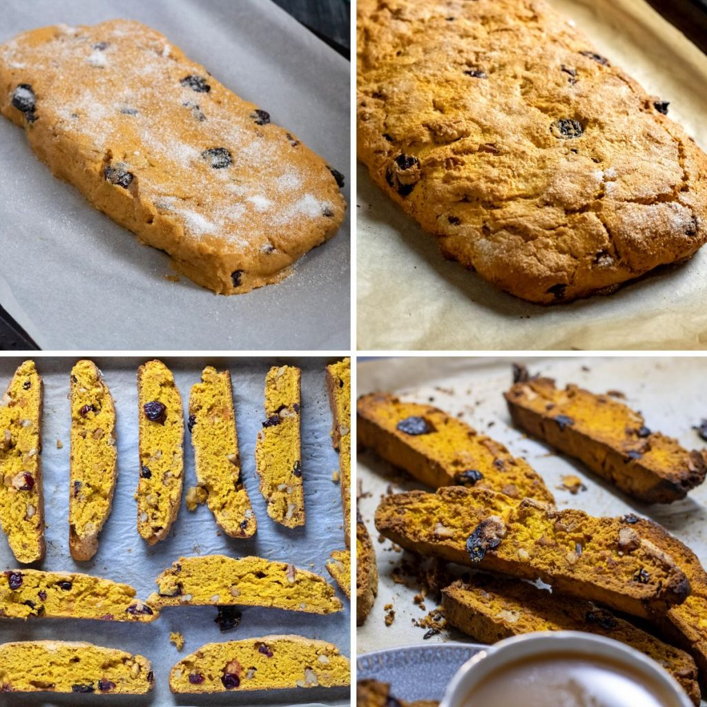 4 image collage of recipe being formed into a wide log, baked whole, sliced into pieces, and then baked again.